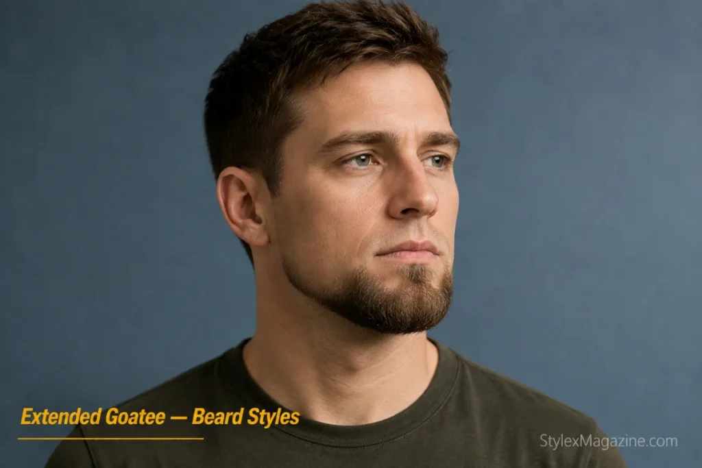 Man with an extended goatee stretching along the jawline with no mustache