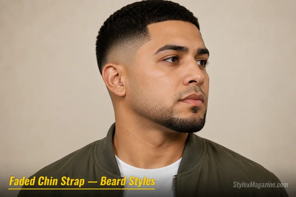 Man with a faded chin strap showing gradient density from bare skin near the ears to full coverage at the chin