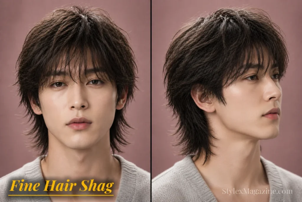Fine hair shag haircut for men featuring lightweight layers, textured ends, and added natural movement.