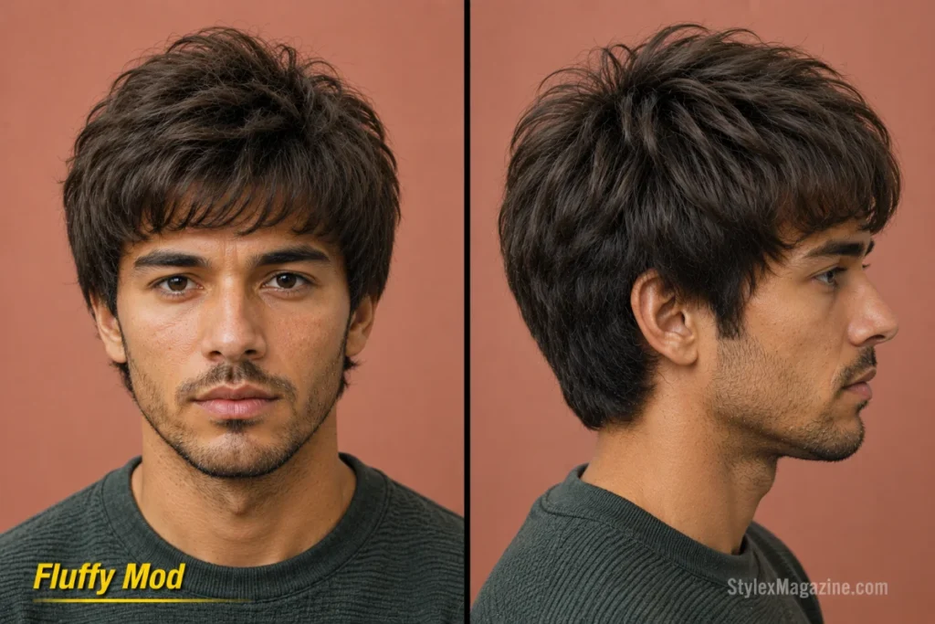 Fluffy mod haircut with lifted roots, airy crown volume, and soft layered fringe.