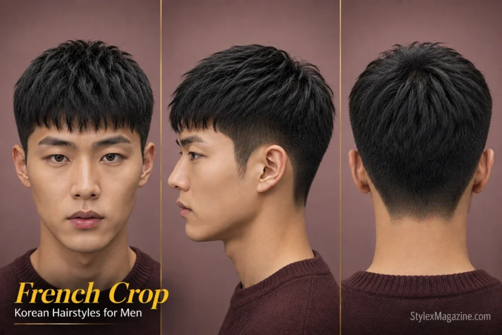 Korean French crop haircut for men featuring a forward fringe, textured top, and neatly blended sides.