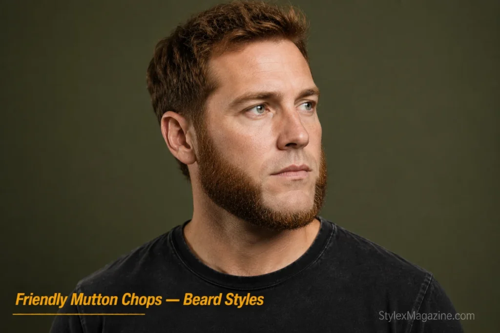 Man with friendly mutton chops connecting sideburns under the chin with no mustache