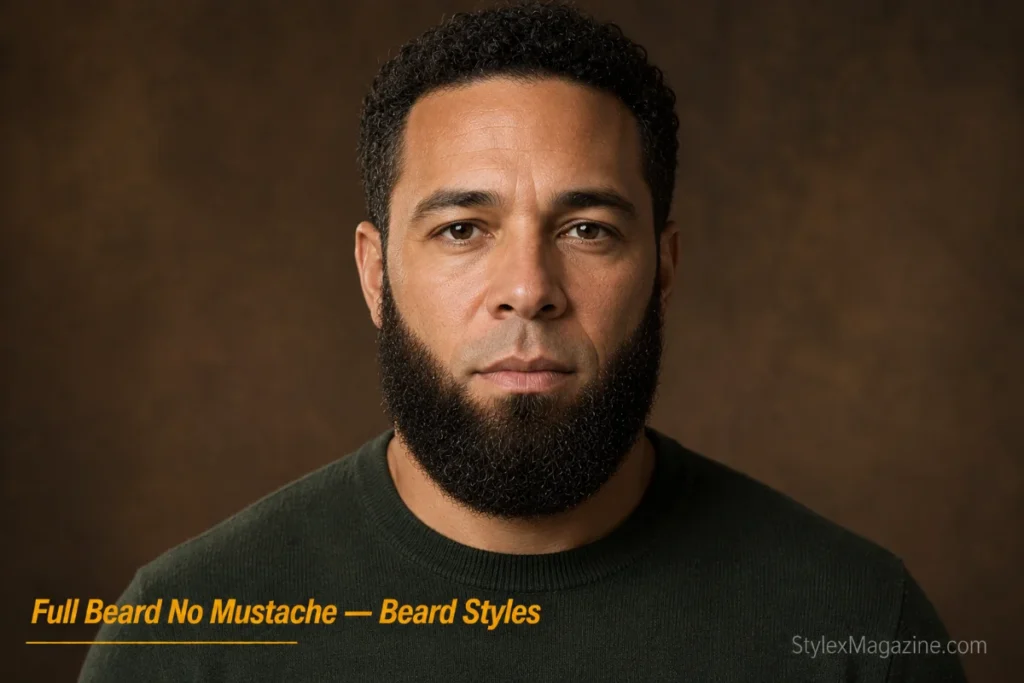 Man with a full thick beard on cheeks jaw and chin with clean-shaven upper lip