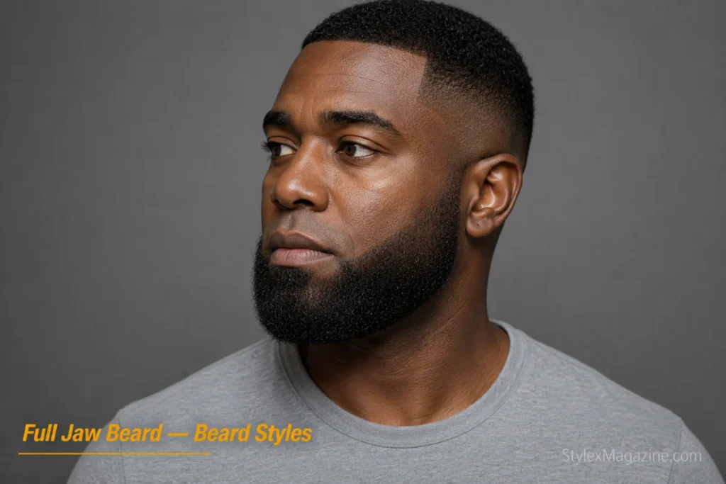 Man with an even full jaw beard and clean-shaven upper lip