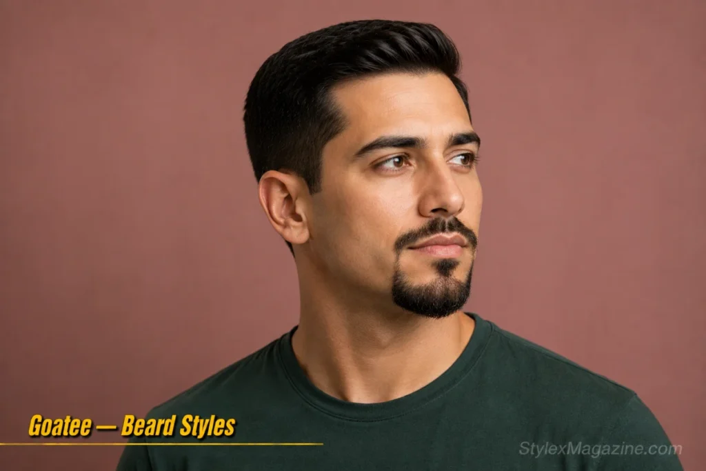 Man with a classic goatee connected to a mustache with clean-shaven cheeks