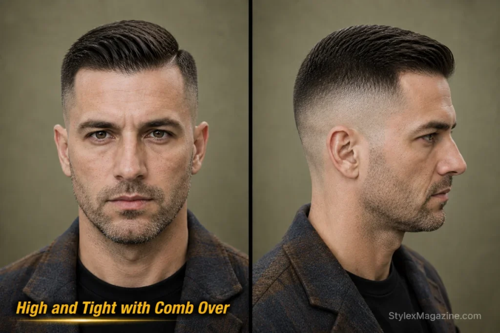  High and tight comb over with polished side-swept top and skin-faded sides.