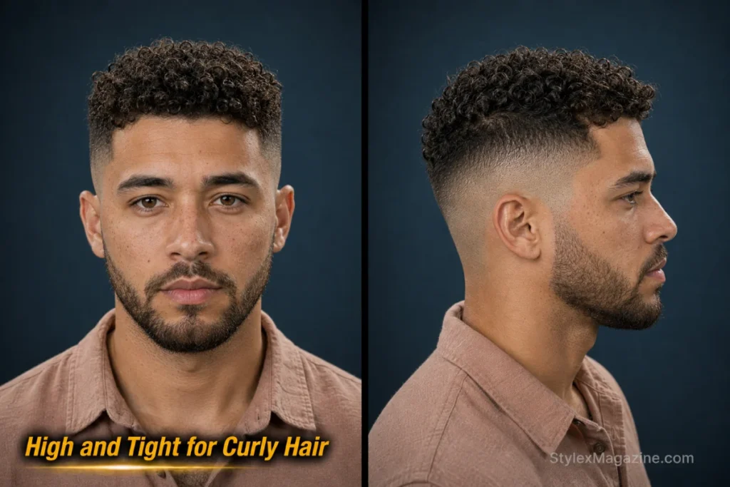  High and tight for curly hair with natural defined curls on top and clean skin-faded sides.