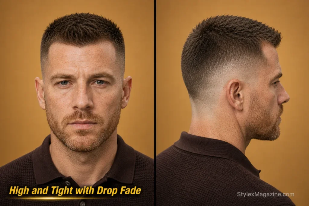  High and tight with drop fade curving lower behind the ear to follow the head shape.