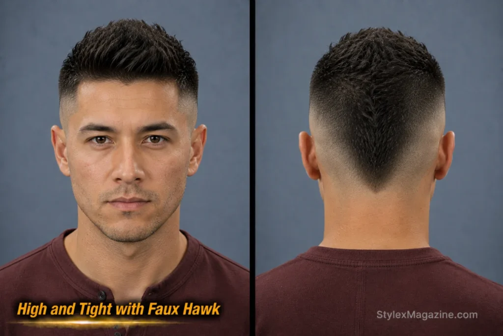 High and tight faux hawk with wide lifted centre section, lower height, and faded sides.