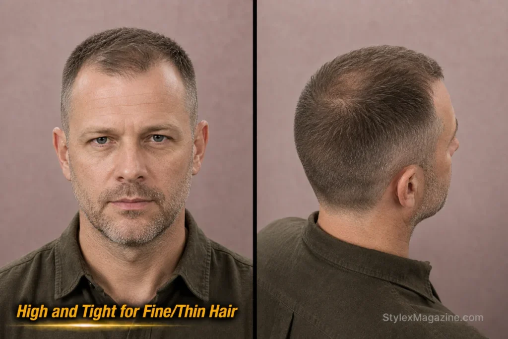 High and tight for fine thinning hair with short top and soft taper retaining hair on the sides.