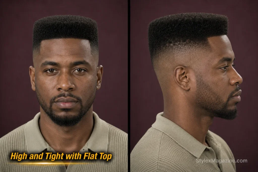  High and tight flat top with level horizontal Afro-textured top and skin-shaved sides.