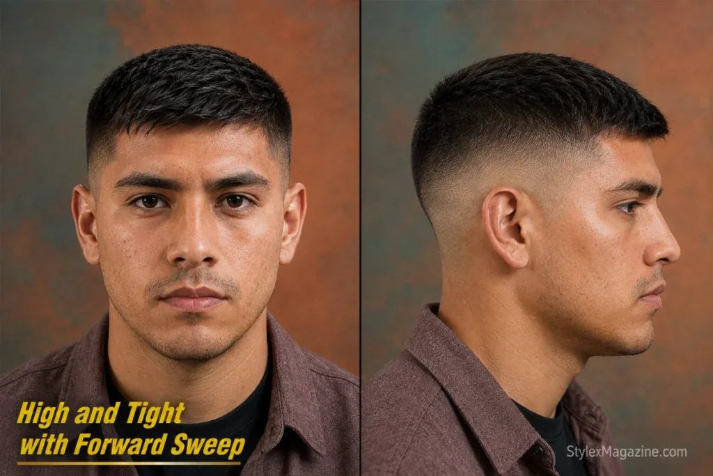 High and tight with forward-swept two-inch top falling naturally toward the forehead and skin-faded sides.