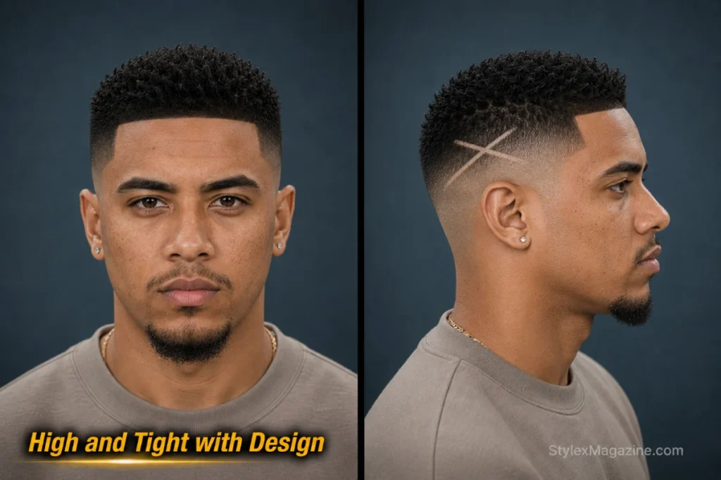  High and tight haircut with clean geometric line design shaved into the faded side.