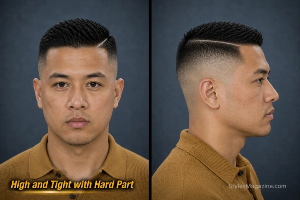  High and tight haircut with razor hard part separating the short top from faded sides.