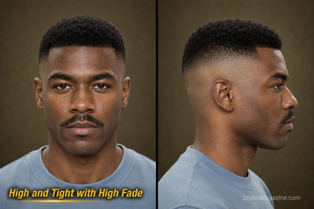  High and tight haircut with high skin fade beginning above the temples and dense short top.