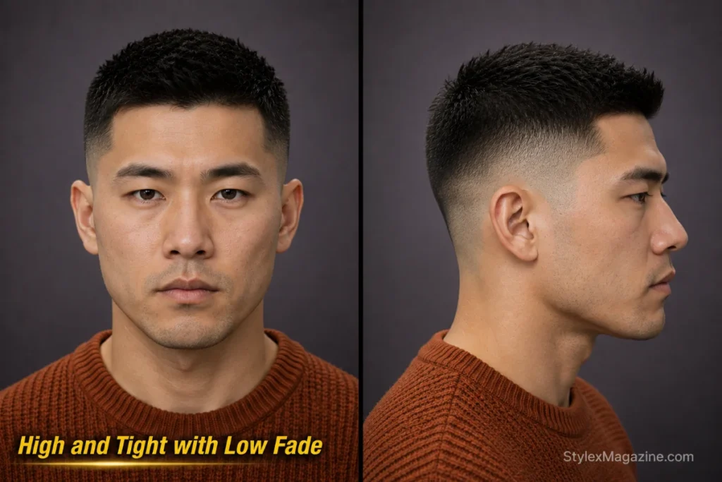 High and tight haircut with low skin fade beginning just above the ear and short textured top.