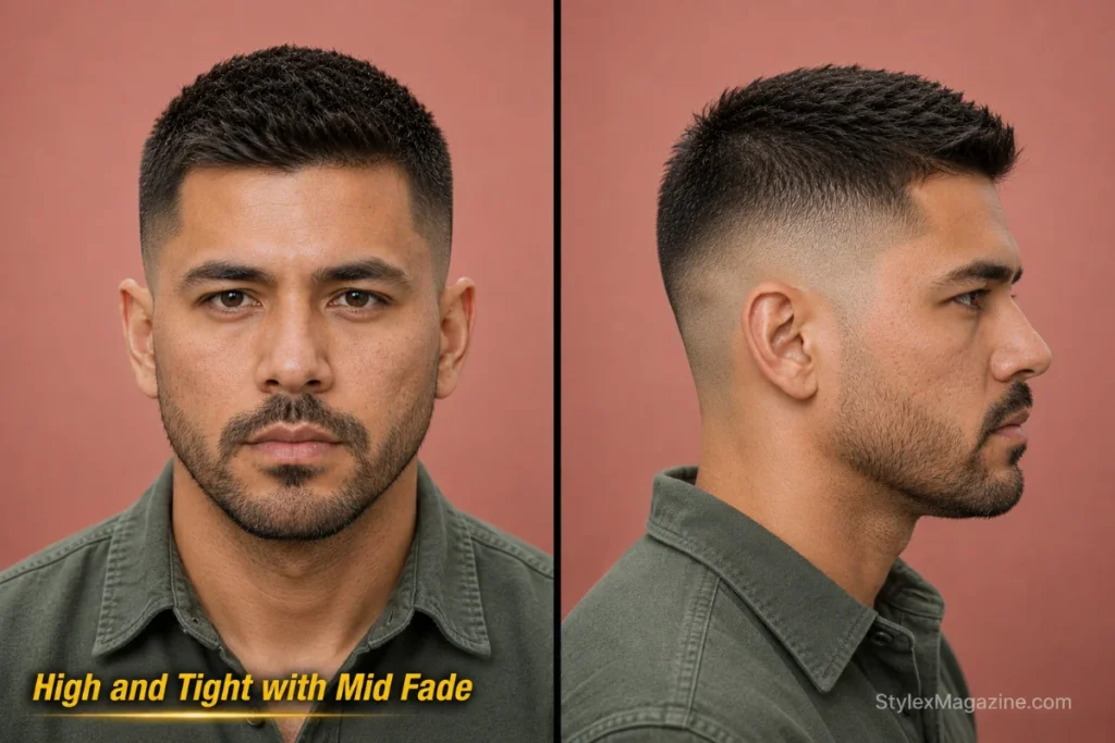 High and tight haircut with mid fade starting at temple level and short defined top.