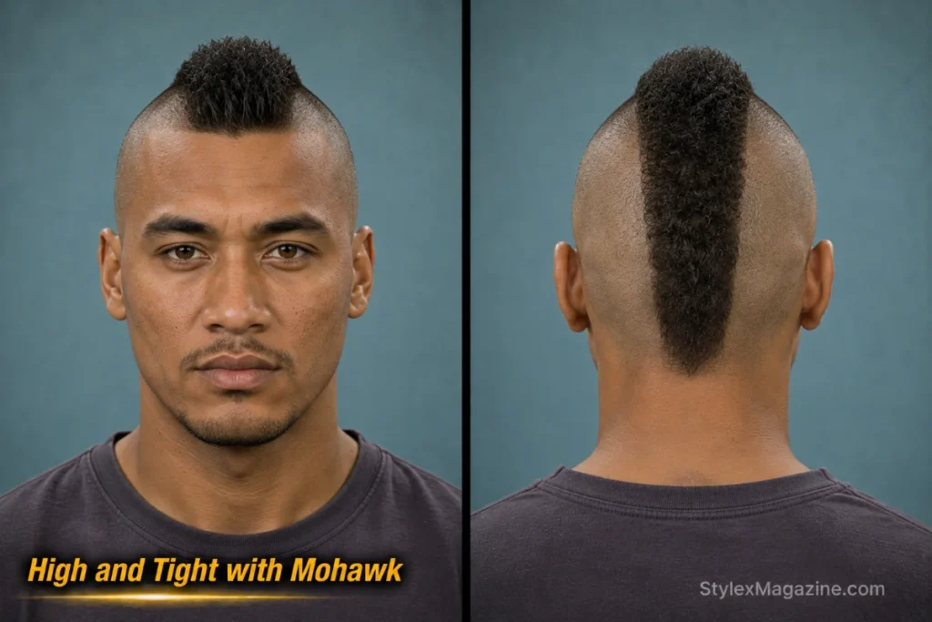  High and tight mohawk with narrow centre strip and completely skin-shaved sides.