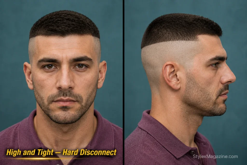  High and tight haircut with hard disconnect and sharp unblended line between top and shaved sides.