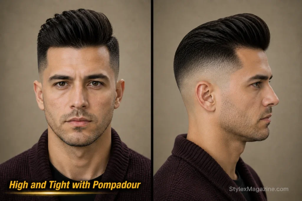 High and tight pompadour with three-inch lifted front, swept-back volume, and skin sides.