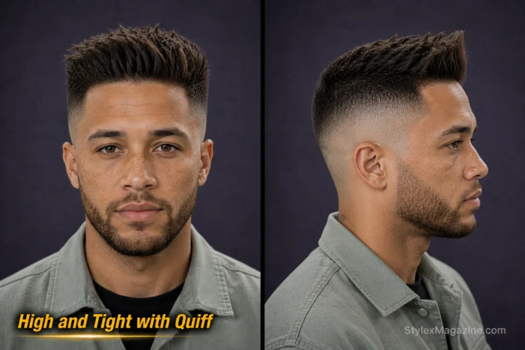 High and tight quiff with lifted front section, shorter crown, and skin-faded sides.