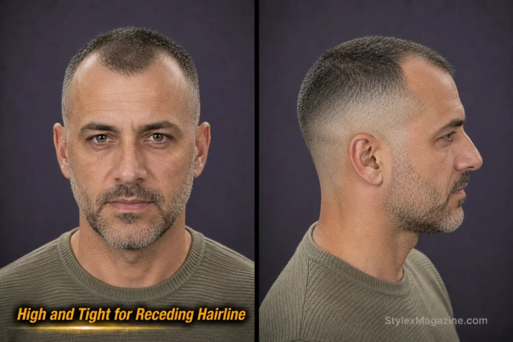  High and tight for a receding hairline with one-inch matte top and naturally recessed temples.