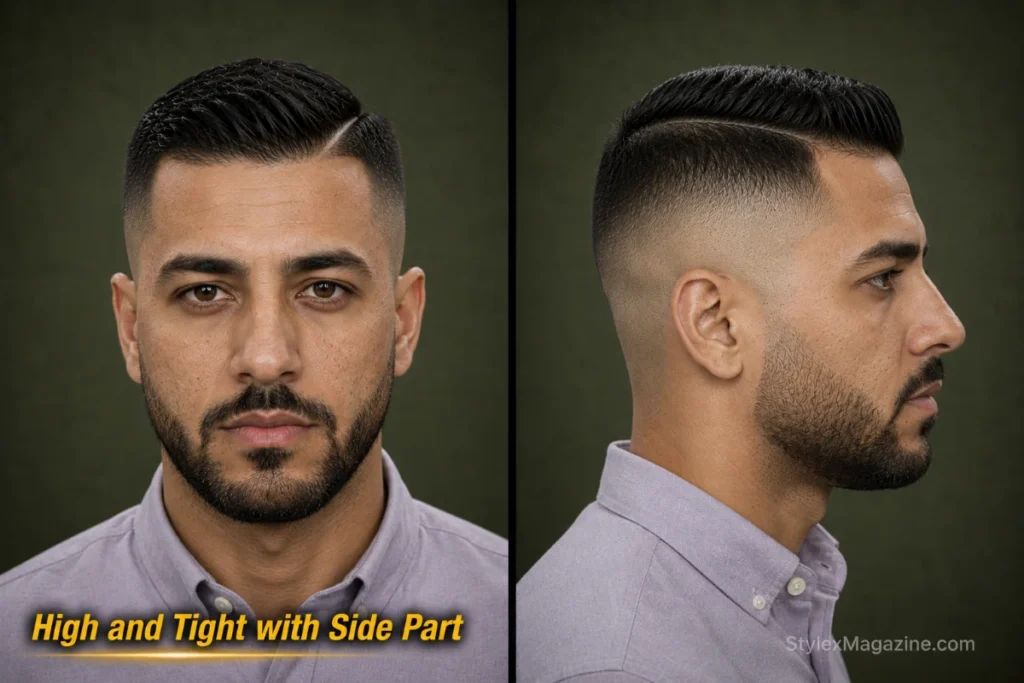 High and tight haircut with natural side part, two-inch top, and skin-faded sides.
