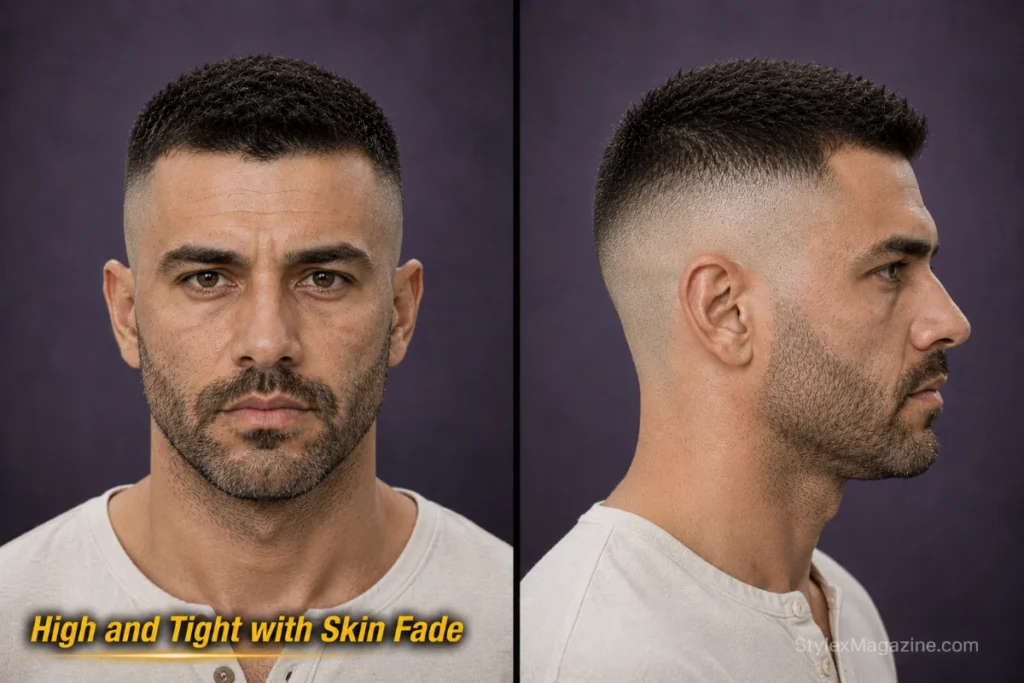 High and tight skin fade with razor-bare sides smoothly blended into a short top.