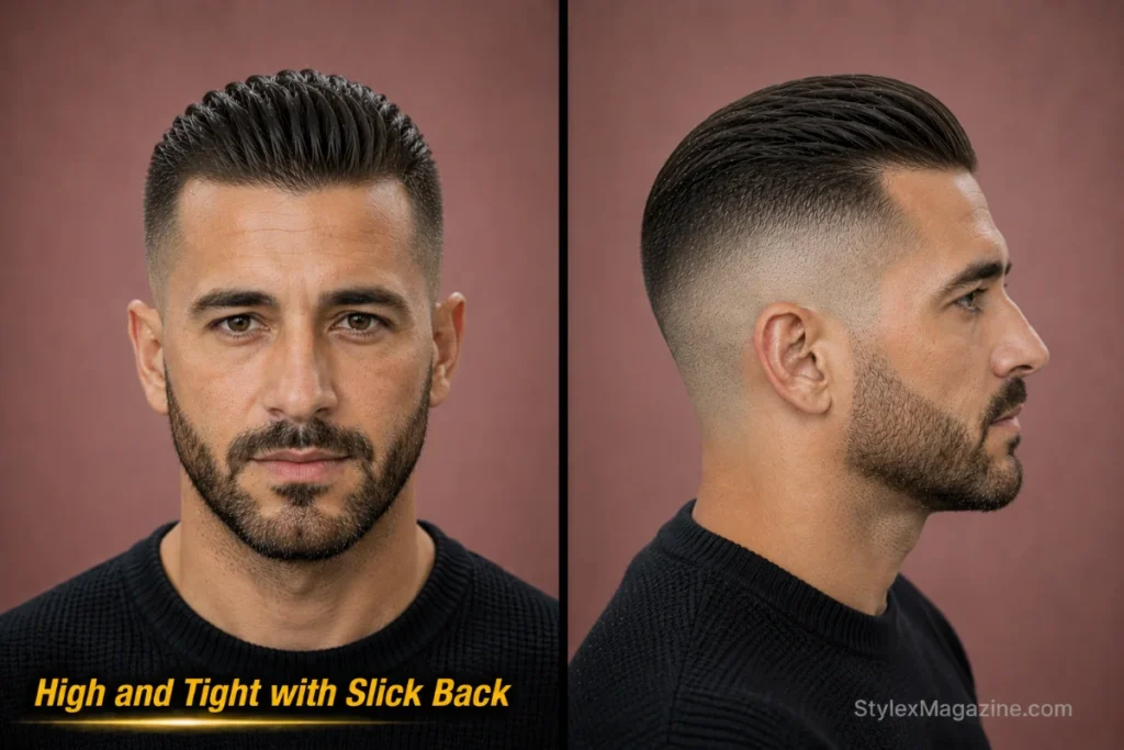 High and tight slick back with two-to-three-inch top combed backward and high skin fade