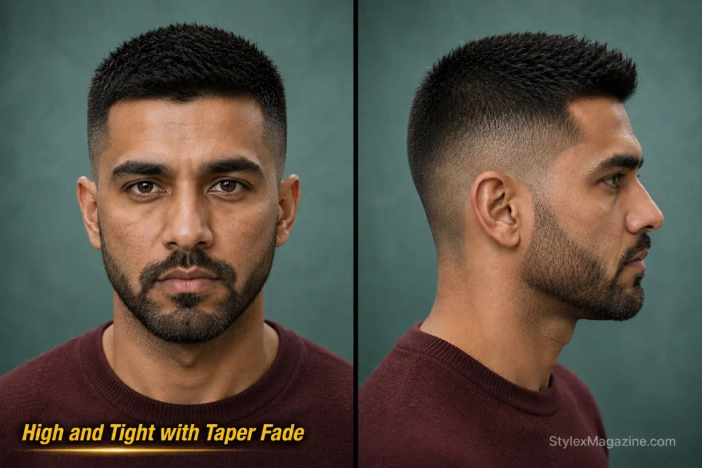 High and tight with taper fade retaining visible hair at the base instead of exposing bare skin.