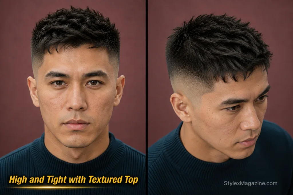  High and tight with point-cut textured top and clean skin-faded sides.