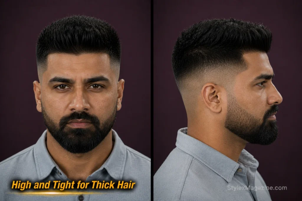High and tight for thick hair with dense top, internally reduced bulk, and strong skin-fade contrast.