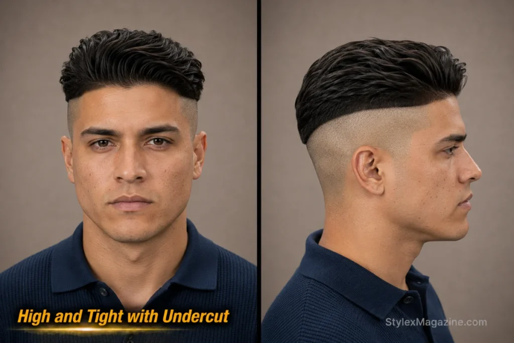 High and tight undercut with two-to-three-inch top, shaved sides, and shelf-like hard disconnect.