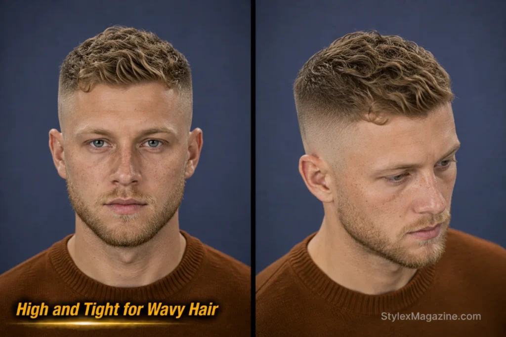 High and tight for wavy hair with natural Type 2 waves on top and faded sides.