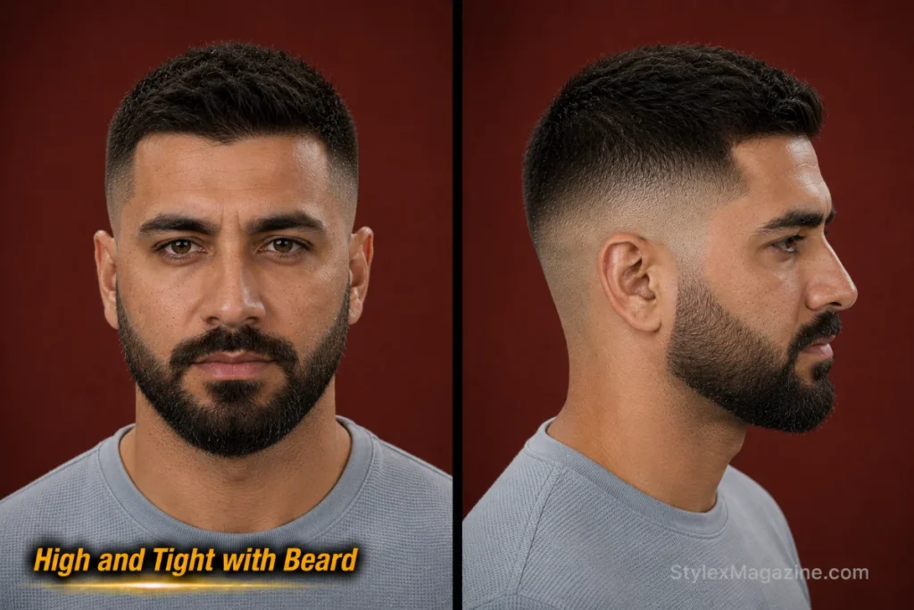 High and tight haircut with faded sideburns smoothly blended into a professionally shaped beard.