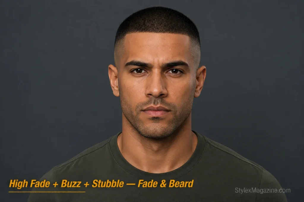  Man with a buzz cut and high fade paired with stubble