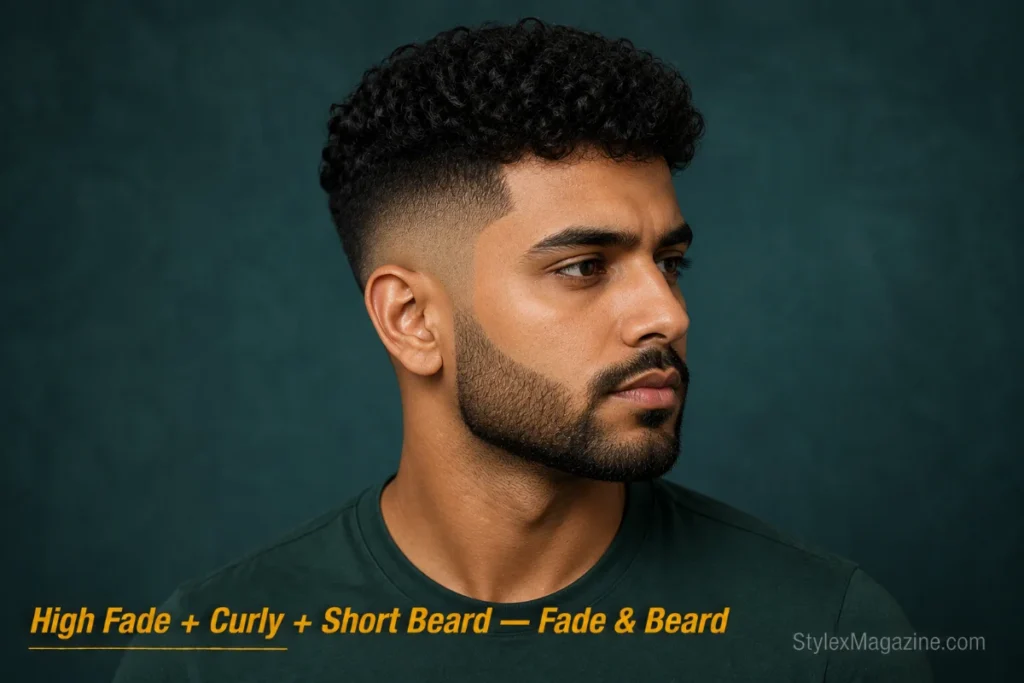 Man with curly hair and high fade paired with a short beard