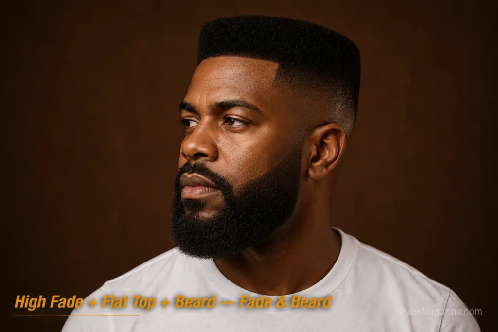 Man with a flat top and high fade paired with a full beard