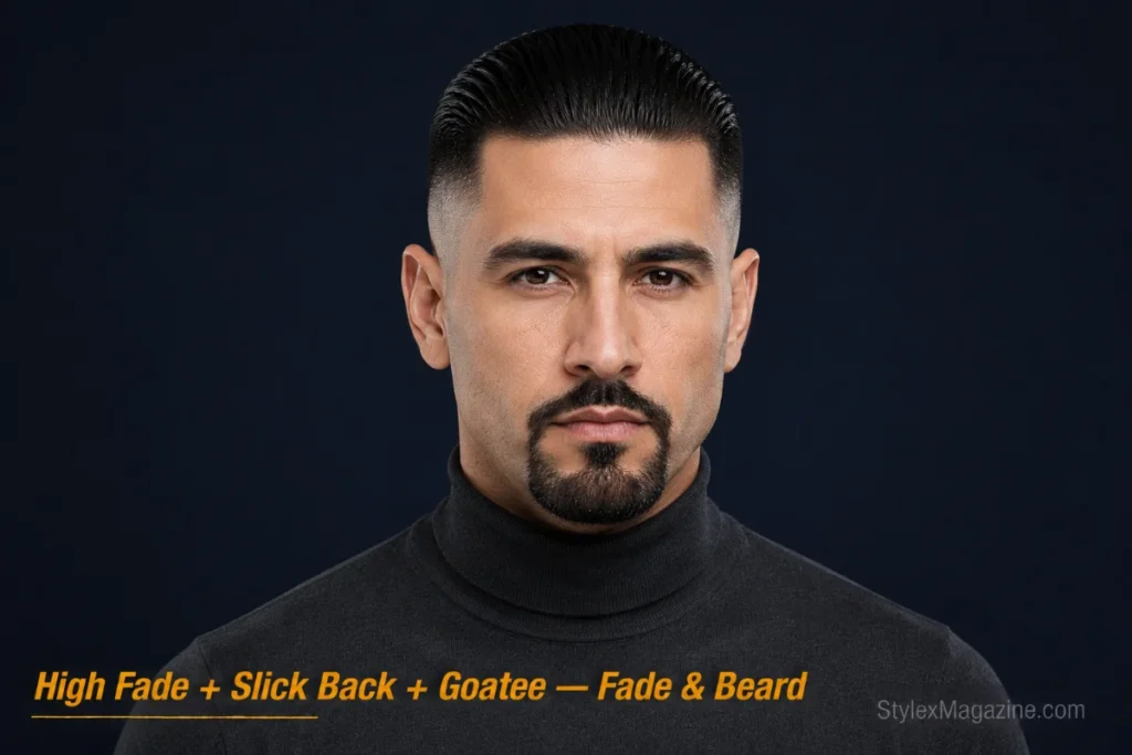 Man with slicked-back hair and high fade paired with a goatee