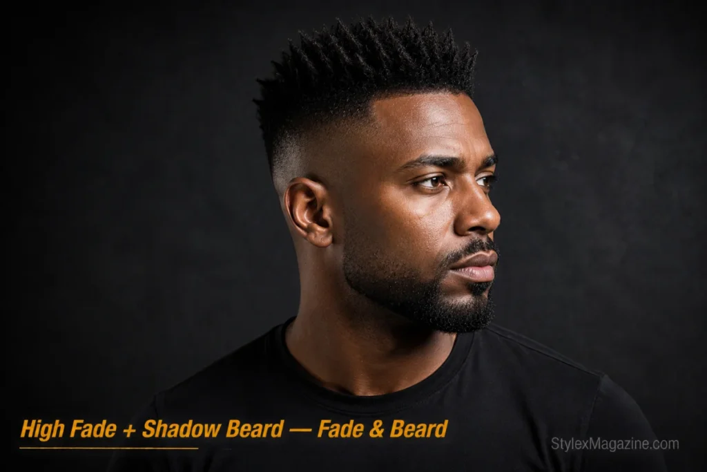 Man with spiky hair and high fade paired with a shadow fade beard