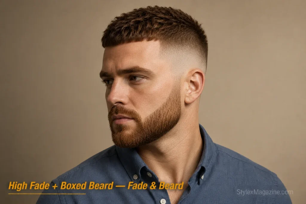 Man with a textured crop and high fade paired with a short boxed beard 