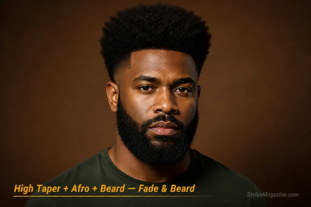 Black man with an afro and high taper paired with a full beard