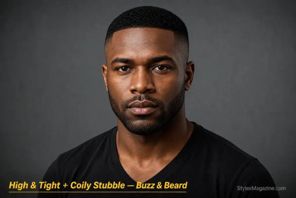 Black man with a high and tight haircut and coily stubble