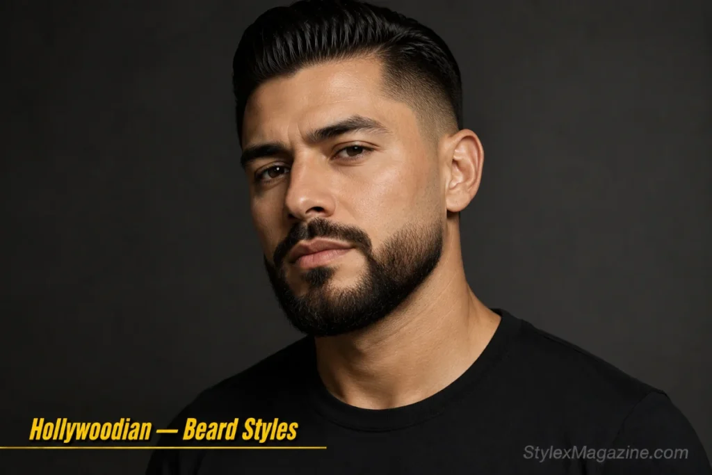 Man with a Hollywoodian beard showing full jaw coverage with clean-shaven cheeks