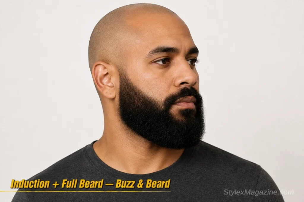 Man with an induction cut and full beard showing maximum contrast between bare scalp and dense beard