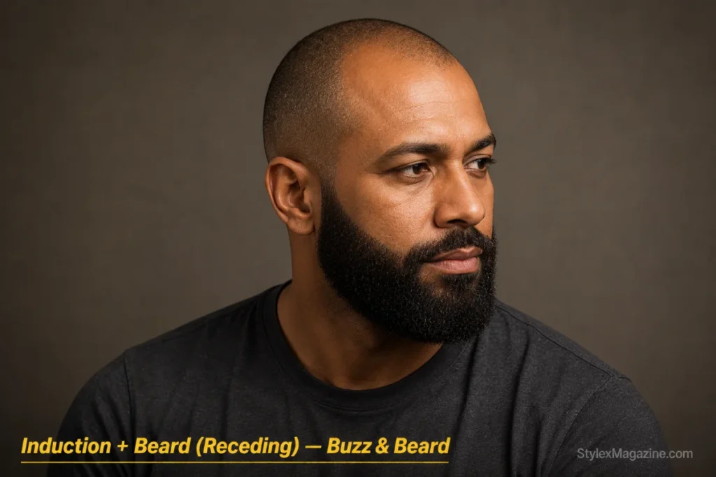 Man with a receding hairline at induction length and a full beard drawing attention downward