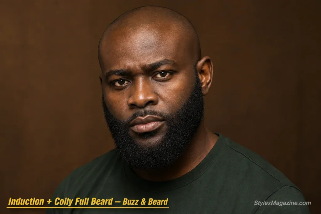 Black man with an induction cut and full coily beard showing maximum contrast