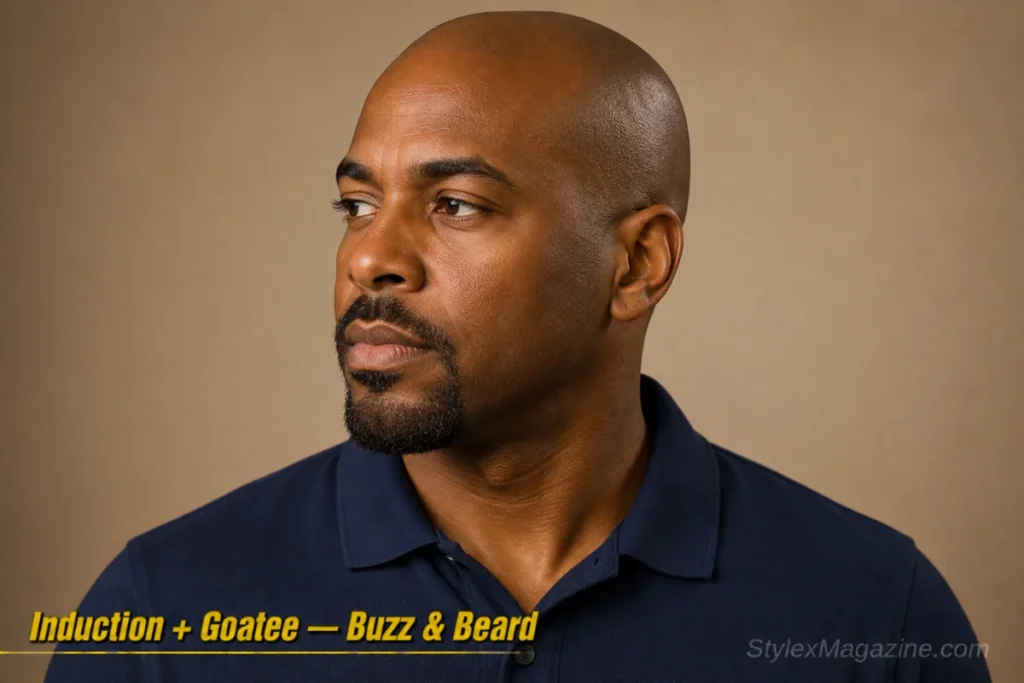 Man with an induction cut and goatee showing chin-focused beard on bare scalp