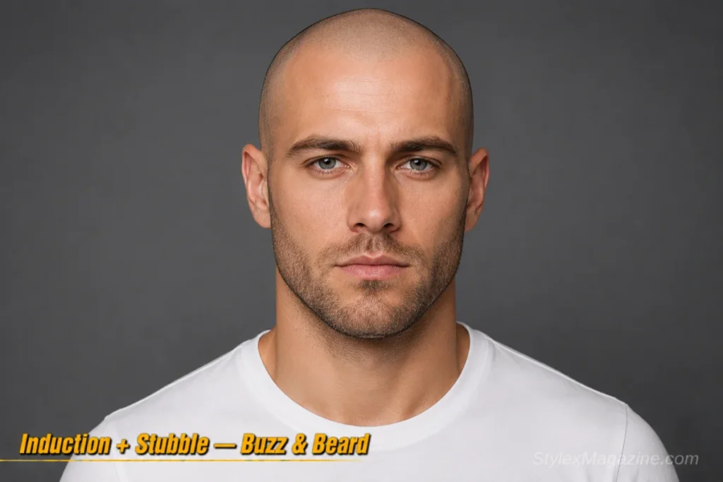 Man with an induction cut and heavy stubble showing minimal contrast