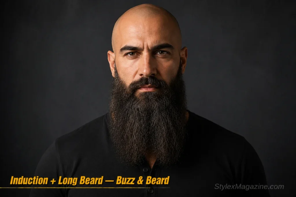 Man with an induction cut and long beard showing extreme head to beard contrast